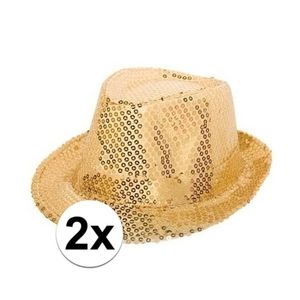 2x Gouden trilby glitter party hoedjes met pailletten