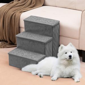 3-Staps Hondentrap Draagbare Huisdierladder Opvouwbare Anti-Slip Hondenhelling Obergvakken voor Puppyspeelgoed en Traktaties Grijs