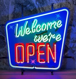 Welcome We&apos;re Open Neon Verlichting Met Achterplaat 50 x 48 cm