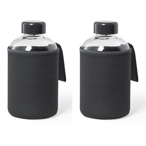 2x Stuks glazen waterfles/drinkfles met zwarte softshell bescherm hoes 600 ml