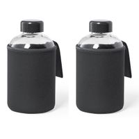 2x Stuks glazen waterfles/drinkfles met zwarte softshell bescherm hoes 600 ml - thumbnail