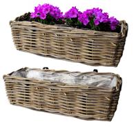 Balkonmand - 2x - rotan gevlochten - 46 x 19 x 15 cm - bloemen/planten - schuttingmand -hangmand