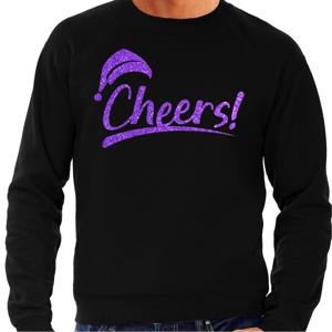 Foute Kersttrui/sweater voor heren - cheers! - zwart - glitter paars - kerstfeest