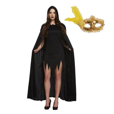 Carnaval gemaskerd bal verkleedkleding set - Oogmasker goud - Cape capuchon zwart - volwassenen
