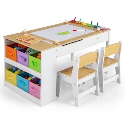 2-in-1 Kinder Kunsttafel en Ezeltje Set met 2 Stoelen Multifunctionele Houten Kindertafel met Verstelbaar Tafelblad Wit + Naturel