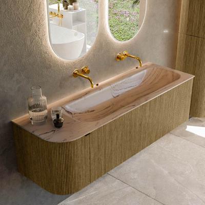 Badmeubel Mondiaz Kurve-Dlux | 145 cm | Meubelkleur Dusk | Wastafelkleur Arena | Solid surface | Wasbak rechter zijde spoelbak | Zonder kraangat(en)