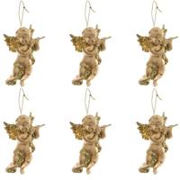 Decoris engel met dwarsfluit - 6x - goud - kunststof - 10 x 6 cm - kerstversiering - hangdecoratie