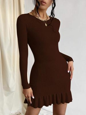 Privé Khaki Rib-Knit Ruffle Hem Bodycon Sweater Dress | Long Sleeve Chocolate Brown / S