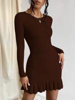 Privé Khaki Rib-Knit Ruffle Hem Bodycon Sweater Dress | Long Sleeve Chocolate Brown / S