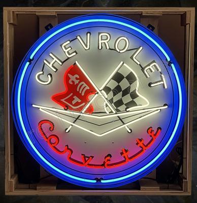 Chevrolet Corvette Logo Neon Verlichting XL Metalen Bak 92 cm - Wit, Rood, Blauw