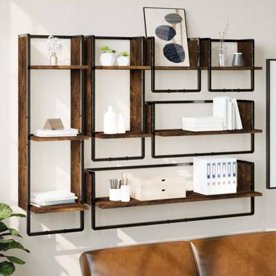 6-delige Wandschappenset met stangen bewerkt hout gerookt eiken