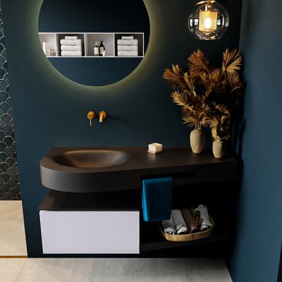 MONDIAZ RIVA 120cm badmeubel onderkast / planchet kleur Cale met 1 lade. Wastafel DULCET links 0 kraangaten kleur Urban.