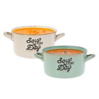 Soepkommen/serveer schaaltjes - 2x - met oor - lichtgroen/beige porselein - 500ml