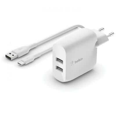 Belkin Dual USB Wall Charger + USB-A naar USB-C kabel - 24W Oplader Wit