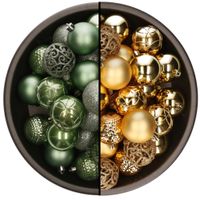 74x stuks kunststof kerstballen mix van salie groen en goud 6 cm - thumbnail