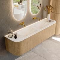 Badmeubel Mondiaz Kurve-Dlux | 170 cm | Meubelkleur Oak | Wastafelkleur Ostra | Solid surface | Dubbele spoelbak | Zonder kraangat(en)