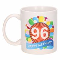 96 jaar Verjaardag koffiemok - cadeau beker - feestelijke ballonnen print - 300 ml - keramiek - wit