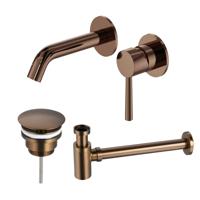 Fortifura Calvi Slim Wastafelkraanset - inbouw wastafelkraan - always open plug - verlaagde design sifon - Geborsteld koper PVD (Koper) SW799403 / SW970034 / SW799405
