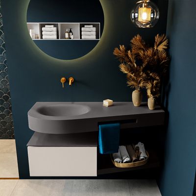 MONDIAZ RIVA 120cm badmeubel onderkast / planchet kleur Linen met 1 lade. Wastafel DULCET links 0 kraangaten kleur Dark_Grey. MONDIAZ RIVA 120cm badmeubel onderkast / planchet kleur Linen met 1 lade. Wastafel DULCET links 0 kraangaten kleur Dark_Grey.