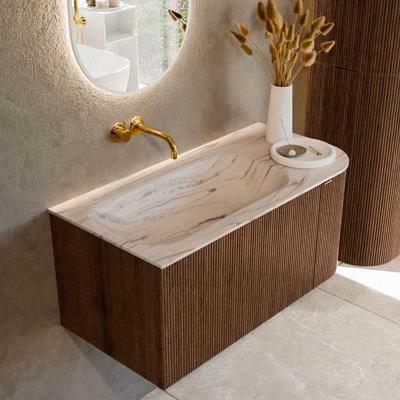 Badmeubel Mondiaz Kurve-Dlux | 95 cm | Meubelkleur Walnut | Wastafelkleur Nata | Solid surface | Wasbak linker zijde spoelbak | Zonder kraangat(en)