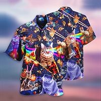 Voor heren Overhemd Hawaiiaans overhemd Kat Voedsel Grafische prints Strijkijzer Paars Casual Hawaii Korte mouw Afdrukken Button-omlaag Kleding Tropisch Modieus Hawaii Zacht Lightinthebox