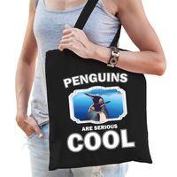 Katoenen tasje penguins are serious cool zwart - pinguins/ pinguin cadeau tas - thumbnail