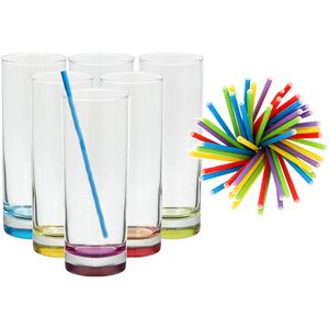 Set van 6x longdrinkglazen en 100x duurzame rietjes papier - 310 ml