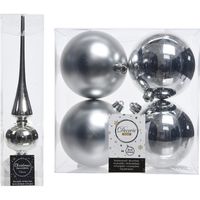 Kerstboom decoratie zilver piek en 4x kerstballen 10 cm