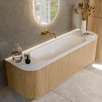 Mondiaz KURVE 150 cm Onderkast Greeploos 1 Lade Met Deuren Oak, Wastafel Solid Surface Midden Talc 0 Kraangaten Zonder Spiegel (KRVBGM150L+R1L2D0KM-Oak/Tal)