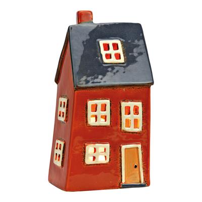 Windlicht huis van steengoed, rood/zwart (B/H/D) 12x23x9 cm