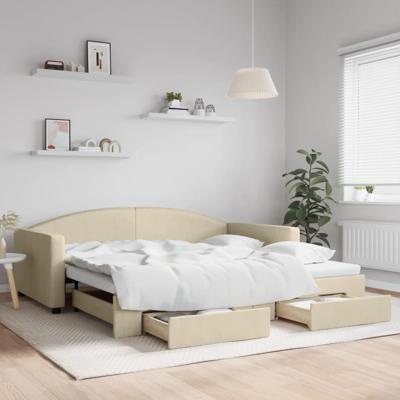 Slaapbank met onderschuifbed en lades 100x200 cm stof crème