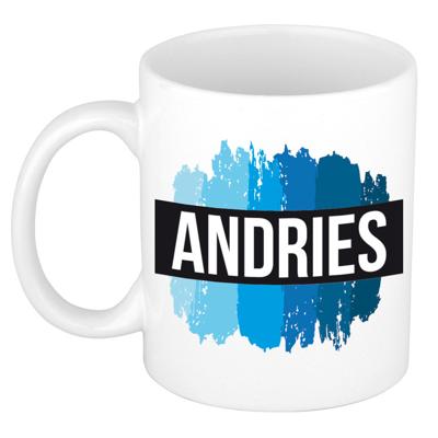 Andries naam cadeau koffie mok - beker - met blauw verfstrepen - Cadeau collega - vaderdag