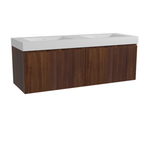 Storke Ribs zwevend badmeubel 150 x 52 cm notenhout met Mata High dubbele wastafel in solid surface mat wit, Verticale symmetrische rechte ribbel