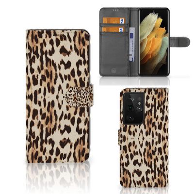 Samsung Galaxy S21 Ultra Telefoonhoesje met Pasjes Leopard Samsung Galaxy S21 Ultra Telefoonhoesje met Pasjes Leopard
