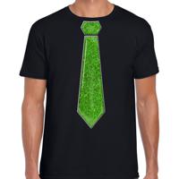 Verkleed t-shirt voor heren - stropdas glitter groen - zwart - carnaval - foute party - thumbnail