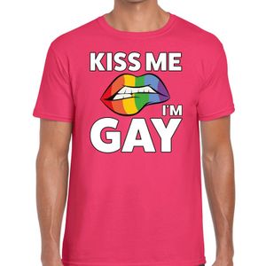 Gay pride Kiss me i am gay t-shirt roze heren 2XL  -