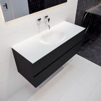Mondiaz Vica Moon badmeubel zwart mat 120 cm 2 lades solid surface enkele spoelbak midden zonder kraangat