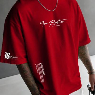 Bon&Bon Men's Letter Print T-Shirt - Casual Apricot Drop Shoulder Tee Red / XXL