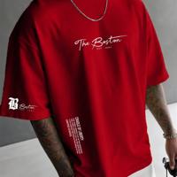 Bon&Bon Men's Letter Print T-Shirt - Casual Apricot Drop Shoulder Tee Red / XXL