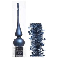 Kerstversiering glazen piek mat 26 cm en sterren folieslingers pakket donkerblauw van 3x stuks - thumbnail