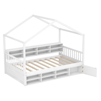 Huisbed 200 x 90 cm Kinderbed in Huisvorm met Valbescherming & Lattenbodem met 14 Vakken Wit