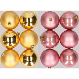 12x stuks kunststof kerstballen mix van goud en oudroze 8 cm