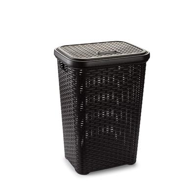 Plasticforte Wasmand met deksel - 60 liter - donkerbruin - rotan - kunststof - L35 x B43 x H62 cm