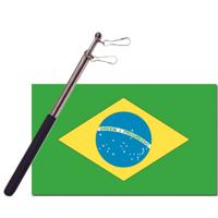 Landen vlag Brazilie - 90 x 150 cm - met compacte draagbare telescoop vlaggenstok - supporters - thumbnail