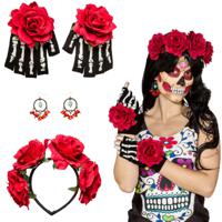 Day of the Dead verkleed accessoire set - Rosa - 3-delig - diadeem/handschoenen/oorbellen - Hallowee