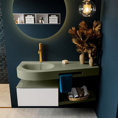 MONDIAZ RIVA 120cm badmeubel onderkast / planchet kleur Talc met 1 lade. Wastafel DULCET links 1 kraangat kleur Army. MONDIAZ RIVA 120cm badmeubel onderkast / planchet kleur Talc met 1 lade. Wastafel DULCET links 1 kraangat kleur Army.