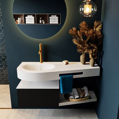 MONDIAZ RIVA 120cm badmeubel onderkast / planchet kleur Urban met 1 lade. Wastafel DULCET links 1 kraangat kleur Talc. MONDIAZ RIVA 120cm badmeubel onderkast / planchet kleur Urban met 1 lade. Wastafel DULCET links 1 kraangat kleur Talc.