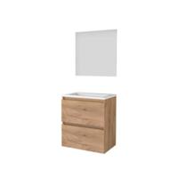Basic-Line Ultimate 39 Badkamermeubelset - Ondiep - 60 x 39 cm - Greeploos - 2 Lades - Acryl Wastafel - Zonder Kraangat - Spiegel met Indirecte LED Verlichting - Whisky Oak