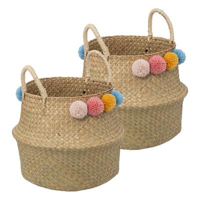 Speelgoed Opbergmand - 2x - Pompoms - met handgreep - riet - opvouwbaar - 33 x 28 x 33 cm
