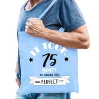 Cadeau tas voor heren - 75 en perfect - lichtblauw - katoen - 42 x 38 cm - vijfenzeventig - shopper